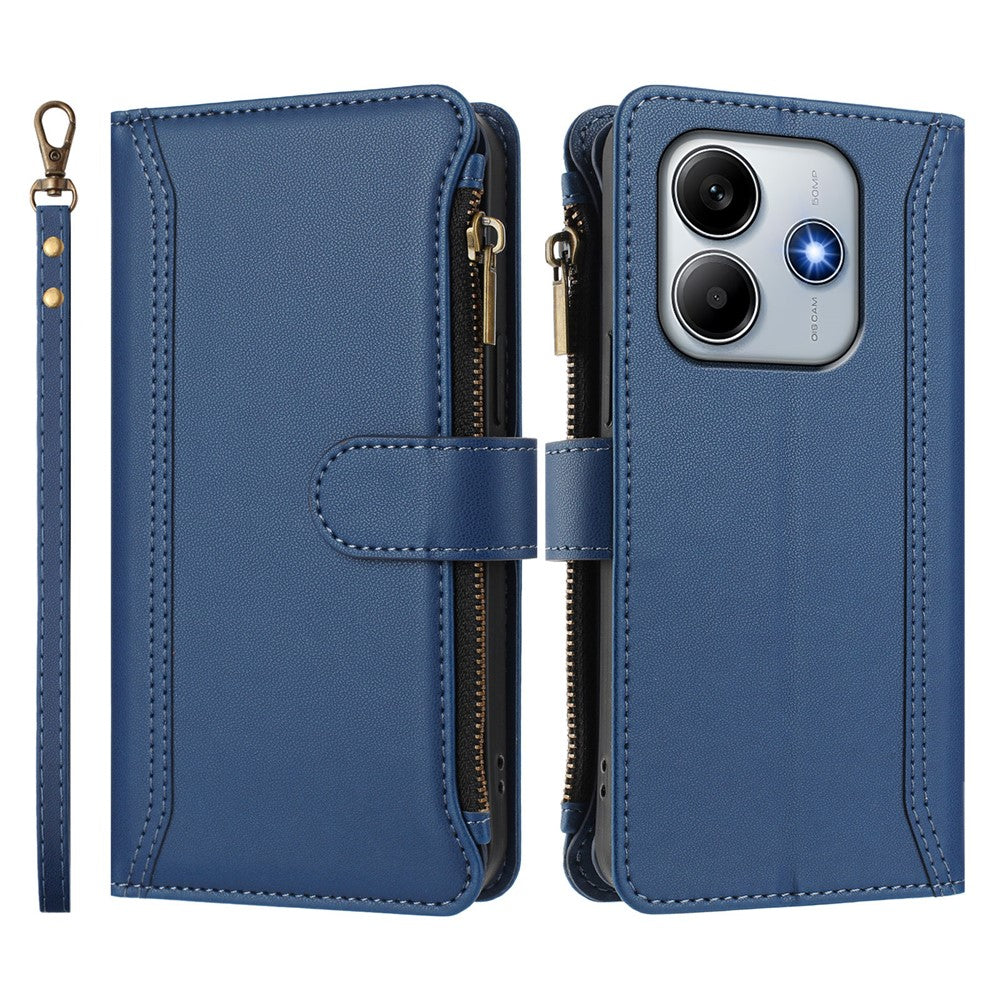 For Xiaomi Redmi Note 14 4G (164.84mm) Leather Case 9 Card Slots Zipper Wallet Stand Phone Cover with Wrist Strap