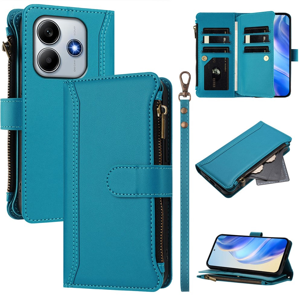 For Xiaomi Redmi Note 14 4G (164.84mm) Leather Case 9 Card Slots Zipper Wallet Stand Phone Cover with Wrist Strap