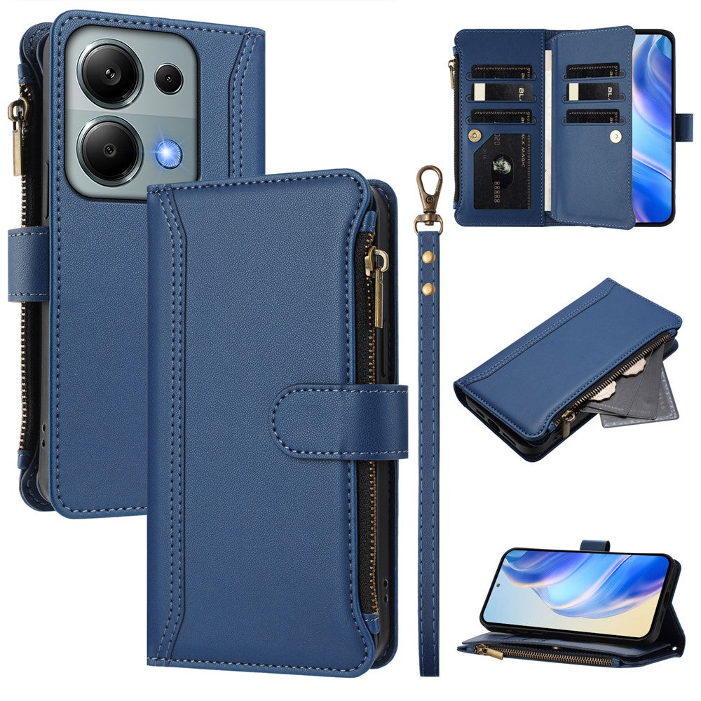 For Xiaomi Poco M6 Pro 4G / Xiaomi Redmi Note 13 Pro 4G Leather Case 9 Card Slots Zipper Wallet Stand Phone Cover with Wrist Strap