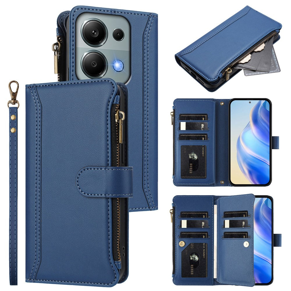 For Xiaomi Poco M6 Pro 4G / Xiaomi Redmi Note 13 Pro 4G Leather Case 9 Card Slots Zipper Wallet Stand Phone Cover with Wrist Strap