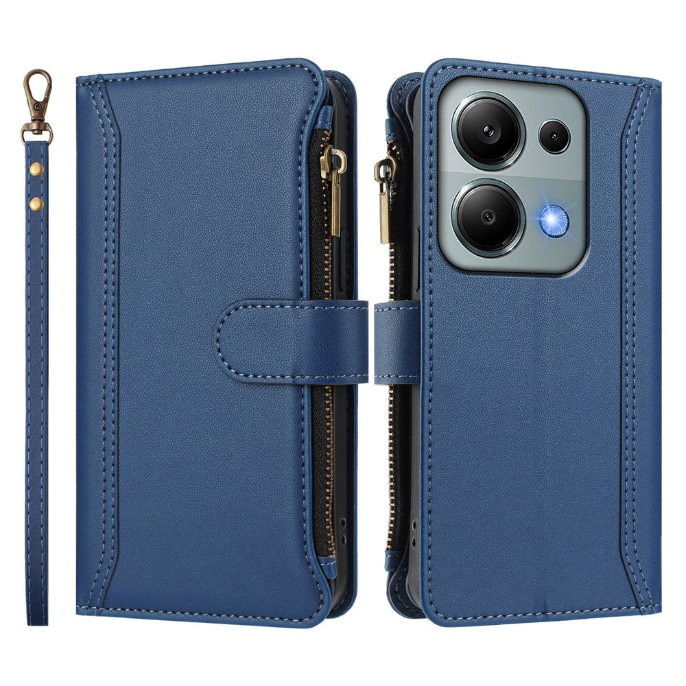 For Xiaomi Poco M6 Pro 4G / Xiaomi Redmi Note 13 Pro 4G Leather Case 9 Card Slots Zipper Wallet Stand Phone Cover with Wrist Strap