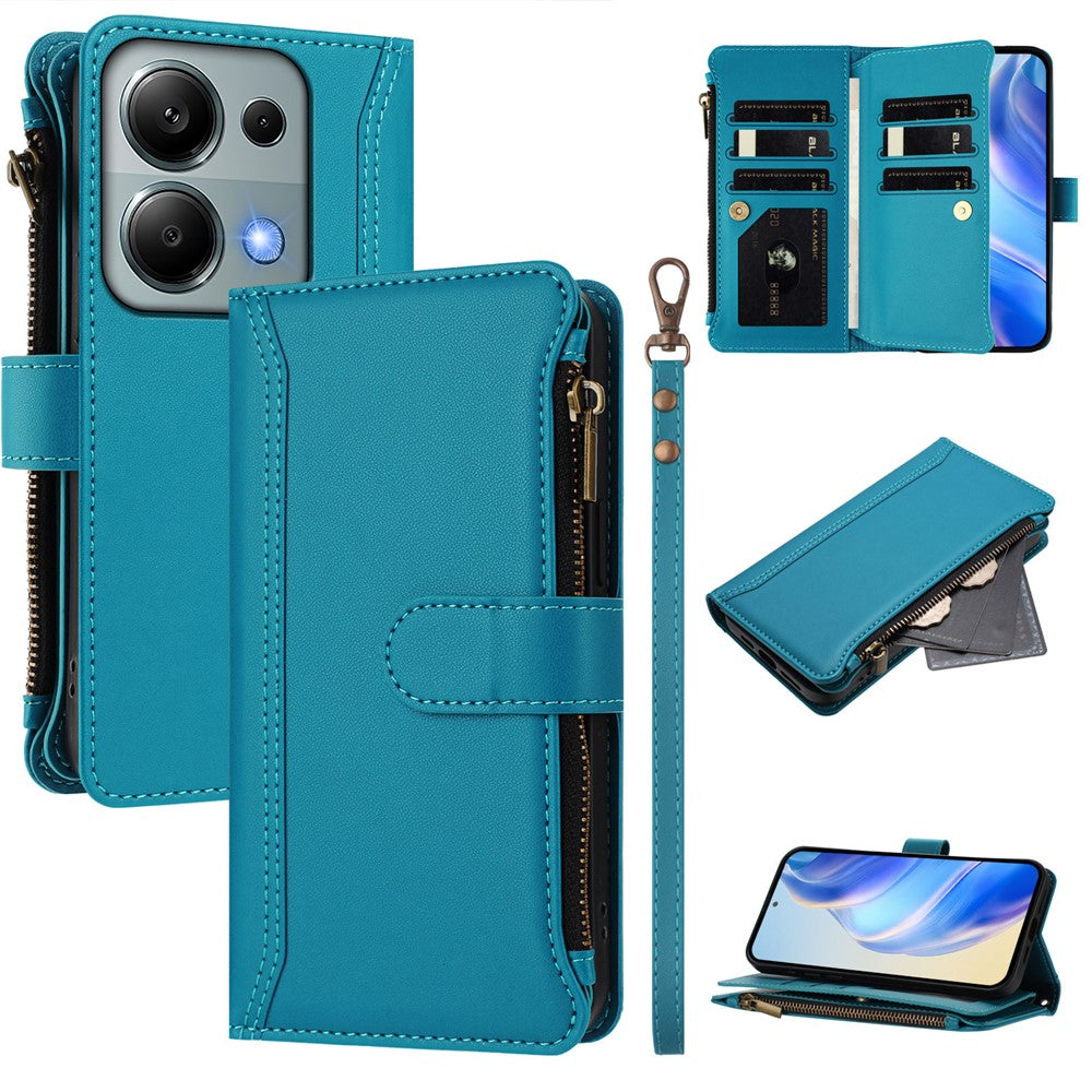 For Xiaomi Poco M6 Pro 4G / Xiaomi Redmi Note 13 Pro 4G Leather Case 9 Card Slots Zipper Wallet Stand Phone Cover with Wrist Strap