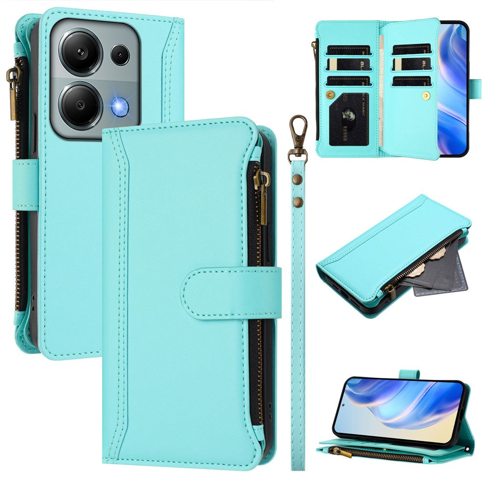 For Xiaomi Poco M6 Pro 4G / Xiaomi Redmi Note 13 Pro 4G Leather Case 9 Card Slots Zipper Wallet Stand Phone Cover with Wrist Strap