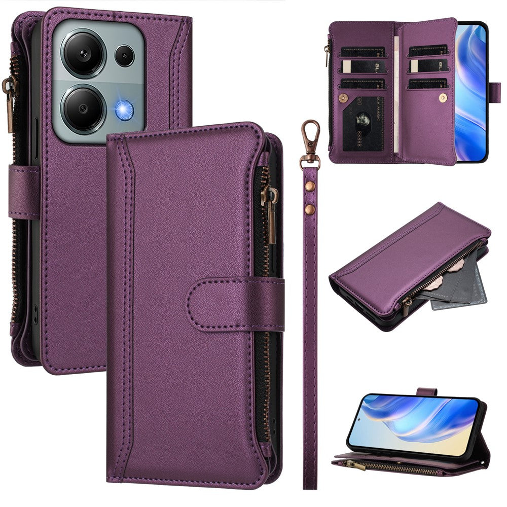 For Xiaomi Poco M6 Pro 4G / Xiaomi Redmi Note 13 Pro 4G Leather Case 9 Card Slots Zipper Wallet Stand Phone Cover with Wrist Strap