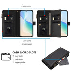 Læderetui til Xiaomi Redmi Note 13 4G, 9 kortlommer, lynlås, pungeetui med håndledsrem