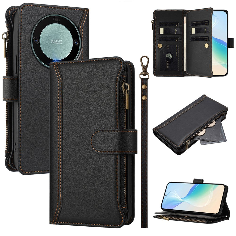 Til Honor Magic5 Lite 5G / Honor X40 5G / Honor X9a 5G læderetui 9 kortpladser lynlåspung stativ telefoncover med håndledsrem