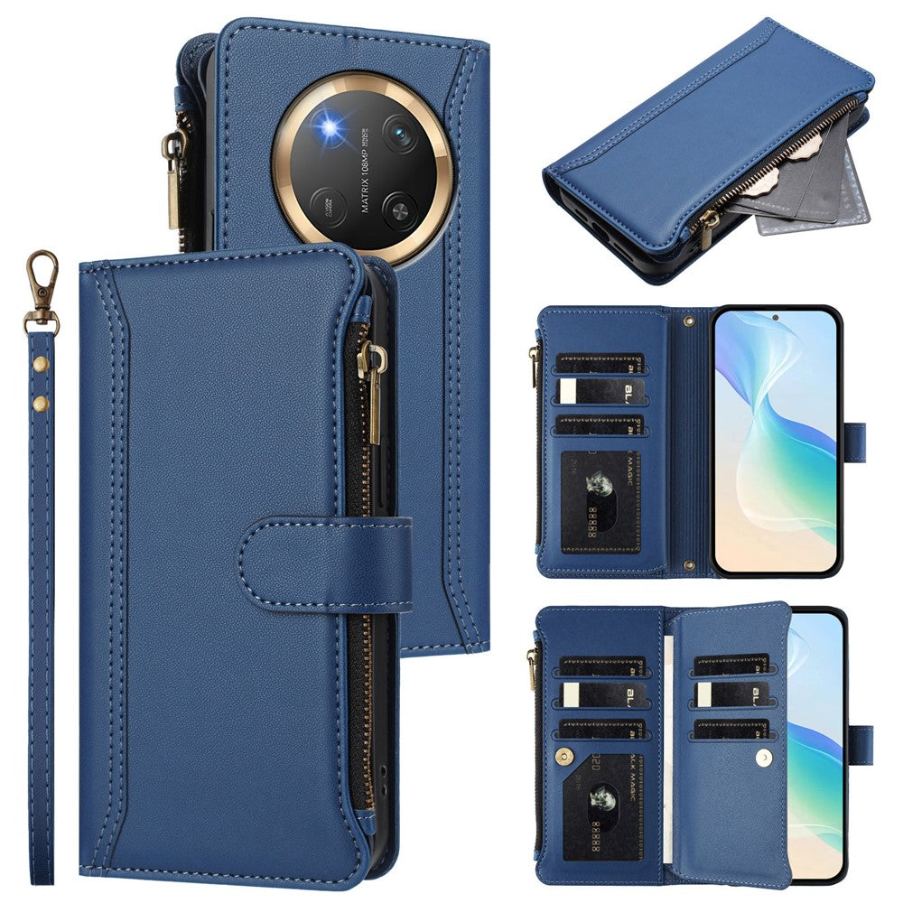 Honor Magic7 Lite 5G / Honor X60 Pro 5G / Honor X9c 5G Läderfodral 9 Kortfack Dragkedja Plånboksfodral med Handledsrem