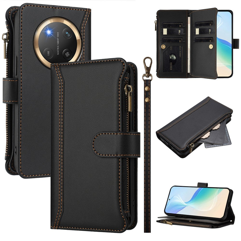 Honor Magic7 Lite 5G / Honor X60 Pro 5G / Honor X9c 5G Läderfodral 9 Kortfack Dragkedja Plånboksfodral med Handledsrem