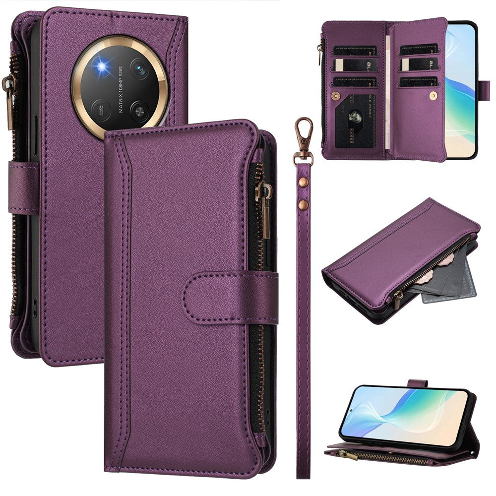 Honor Magic7 Lite 5G / Honor X60 Pro 5G / Honor X9c 5G Läderfodral 9 Kortfack Dragkedja Plånboksfodral med Handledsrem