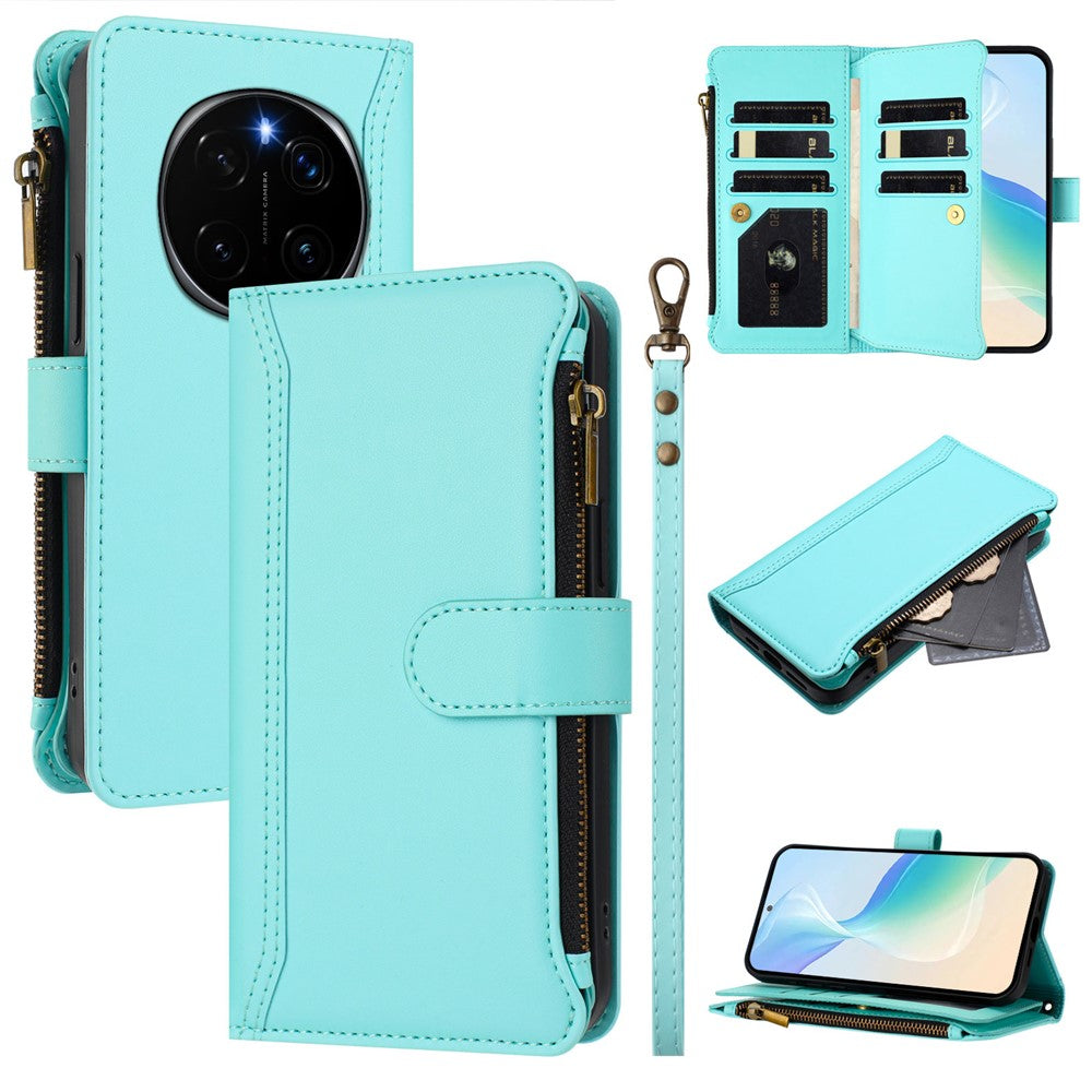 For Honor Magic7 Pro 5G Leather Case 9 Card Slots Zipper Wallet Stand Phone Cover with Wrist Strap