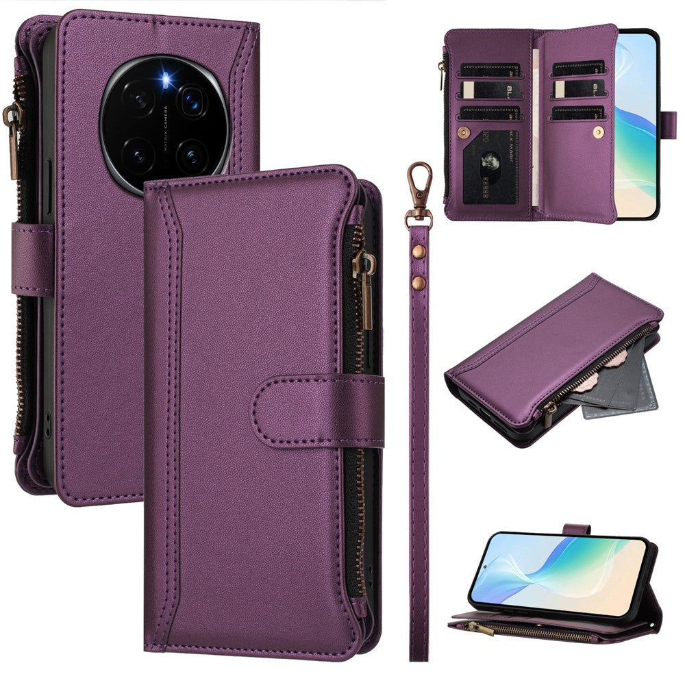 For Honor Magic7 Pro 5G Leather Case 9 Card Slots Zipper Wallet Stand Phone Cover with Wrist Strap