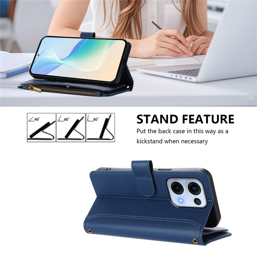 Oppo Reno13 5G (Global) Läderfodral 9 Kortfack Dragkedja Plånboksfodral med Handledsrem
