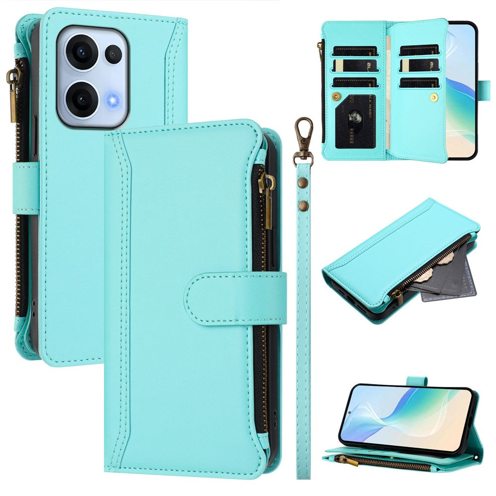 Oppo Reno13 5G (Global) Läderfodral 9 Kortfack Dragkedja Plånboksfodral med Handledsrem