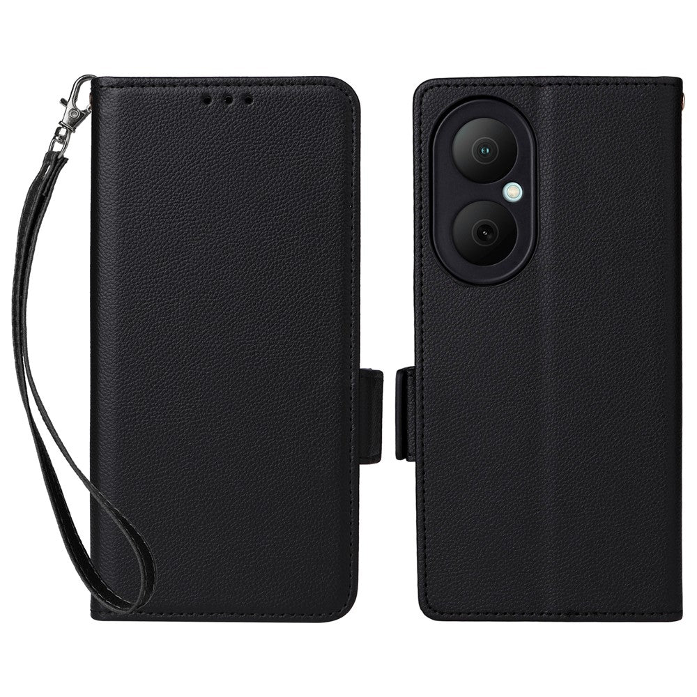 Huawei Enjoy 80-skal med handledsrem i litchitexturerat PU-läder, plånboksfodral