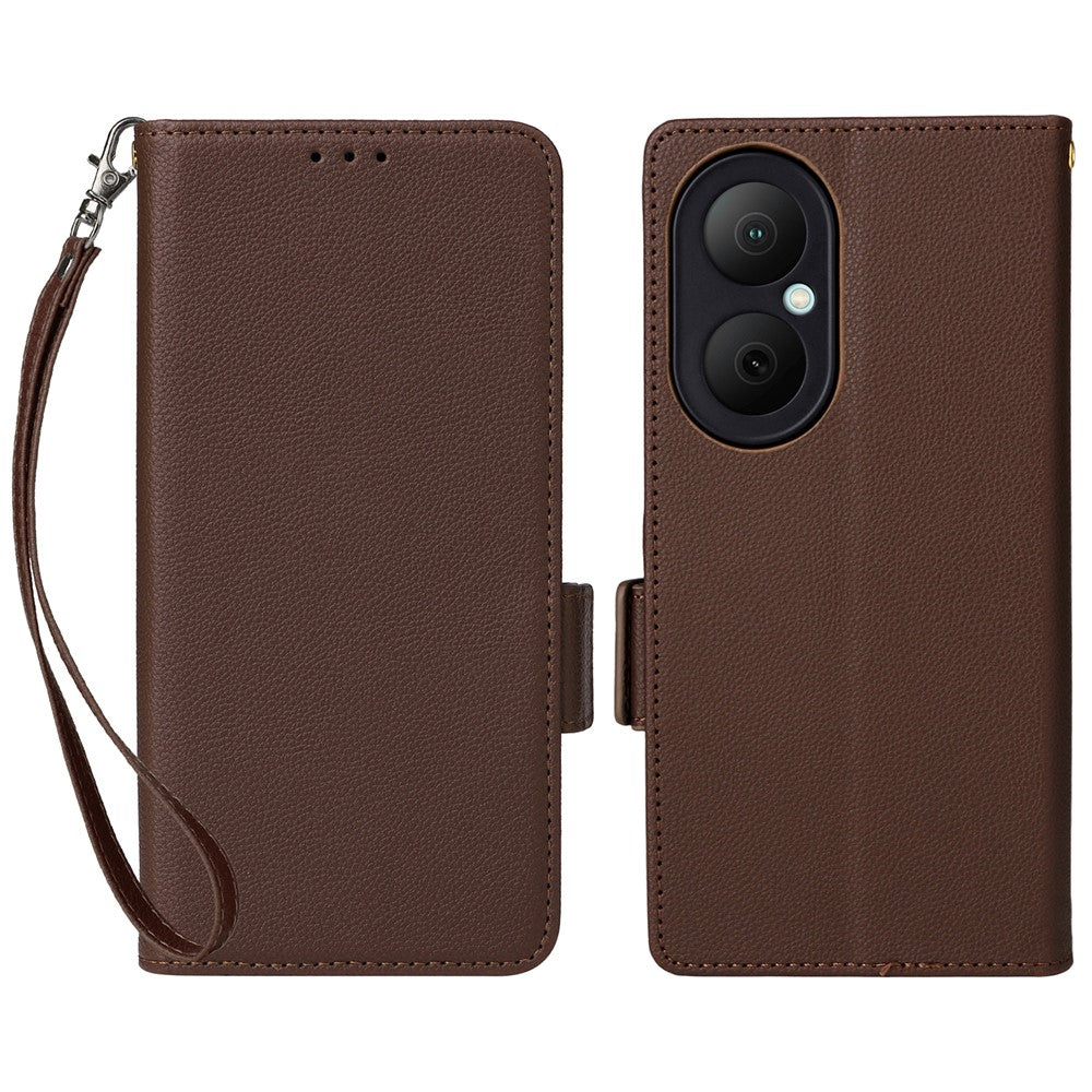 Huawei Enjoy 80-skal med handledsrem i litchitexturerat PU-läder, plånboksfodral