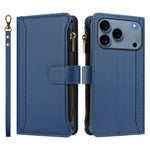 For iPhone 18 Pro / 17 Pro Leather Case 9 Card Slots Zipper Wallet Stand Phone Cover with Wrist Strap