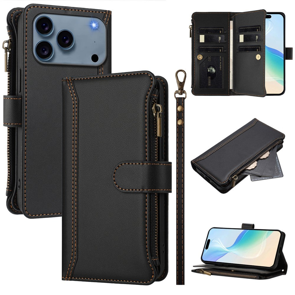 For iPhone 18 Pro / 17 Pro Leather Case 9 Card Slots Zipper Wallet Stand Phone Cover with Wrist Strap