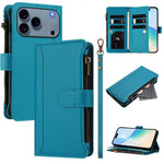 For iPhone 18 Pro / 17 Pro Leather Case 9 Card Slots Zipper Wallet Stand Phone Cover with Wrist Strap