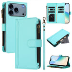 For iPhone 18 Pro / 17 Pro Leather Case 9 Card Slots Zipper Wallet Stand Phone Cover with Wrist Strap