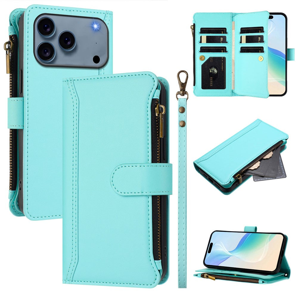 For iPhone 18 Pro / 17 Pro Leather Case 9 Card Slots Zipper Wallet Stand Phone Cover with Wrist Strap