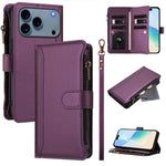 For iPhone 18 Pro / 17 Pro Leather Case 9 Card Slots Zipper Wallet Stand Phone Cover with Wrist Strap