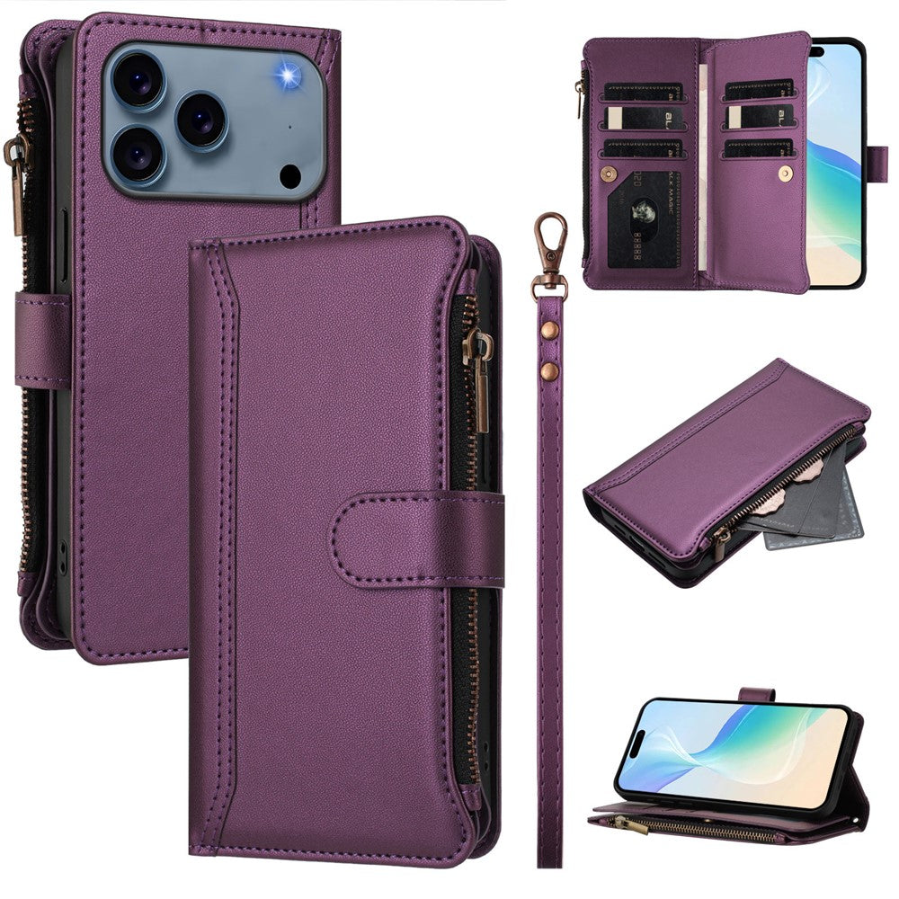 For iPhone 18 Pro / 17 Pro Leather Case 9 Card Slots Zipper Wallet Stand Phone Cover with Wrist Strap