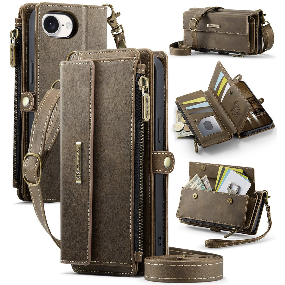 CASEME For iPhone 17e / 16e Case  C39 RFID Blocking Zipper Wallet Stand Leather Cover with Strap