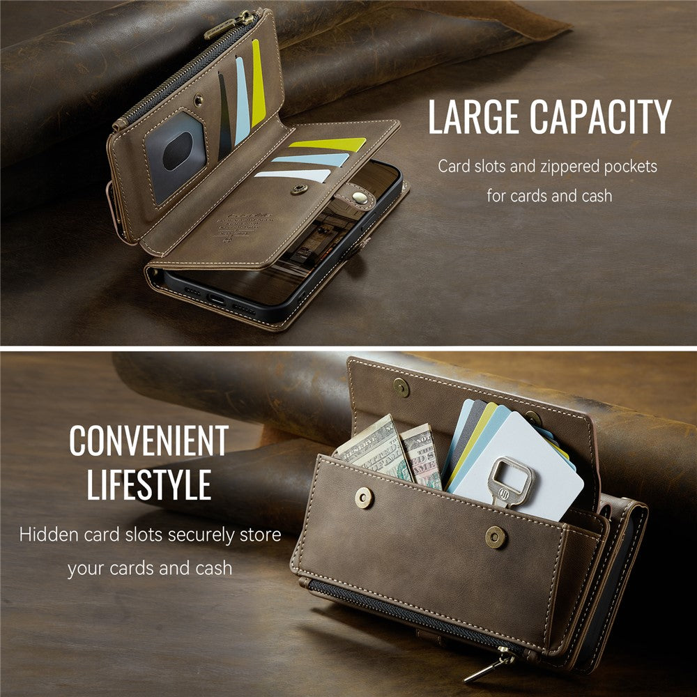 CASEME For iPhone 17e / 16e Case  C39 RFID Blocking Zipper Wallet Stand Leather Cover with Strap