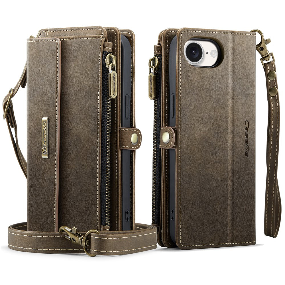 CASEME For iPhone 17e / 16e Case  C39 RFID Blocking Zipper Wallet Stand Leather Cover with Strap