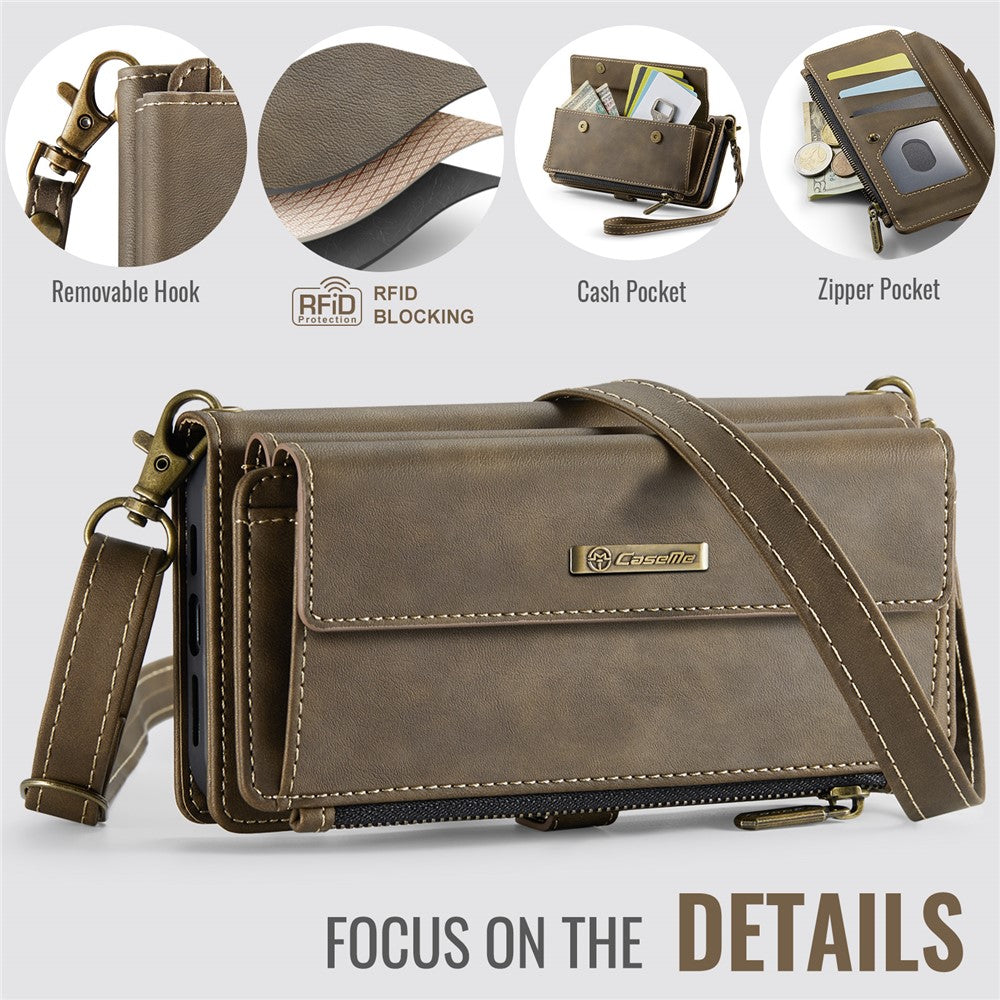 CASEME For iPhone 17e / 16e Case  C39 RFID Blocking Zipper Wallet Stand Leather Cover with Strap