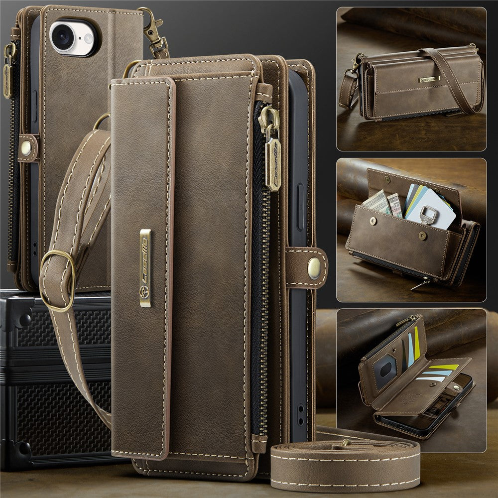 CASEME For iPhone 17e / 16e Case  C39 RFID Blocking Zipper Wallet Stand Leather Cover with Strap