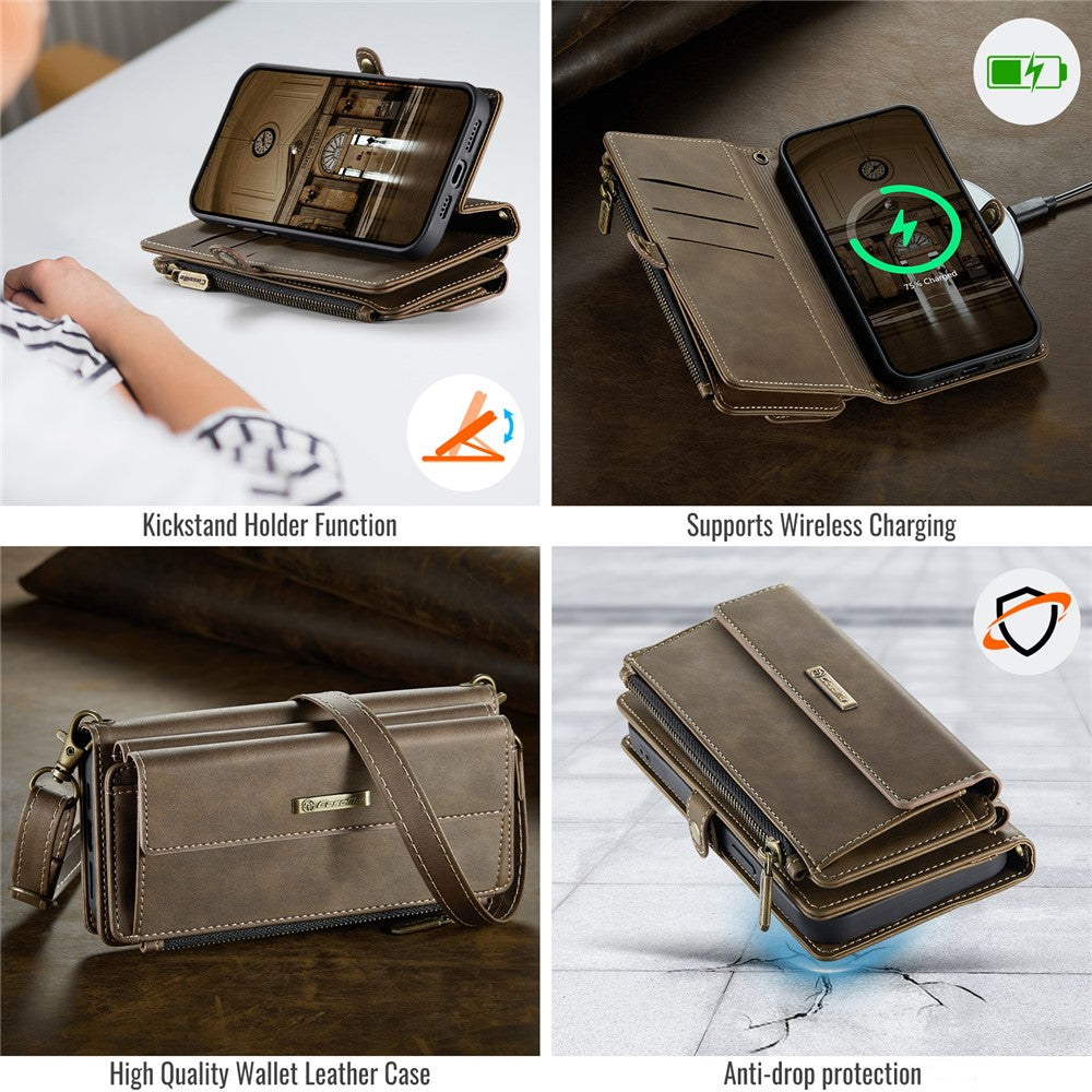 CASEME For iPhone 17e / 16e Case  C39 RFID Blocking Zipper Wallet Stand Leather Cover with Strap