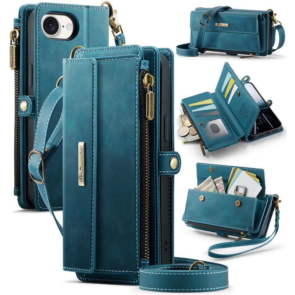 CASEME For iPhone 17e / 16e Case  C39 RFID Blocking Zipper Wallet Stand Leather Cover with Strap