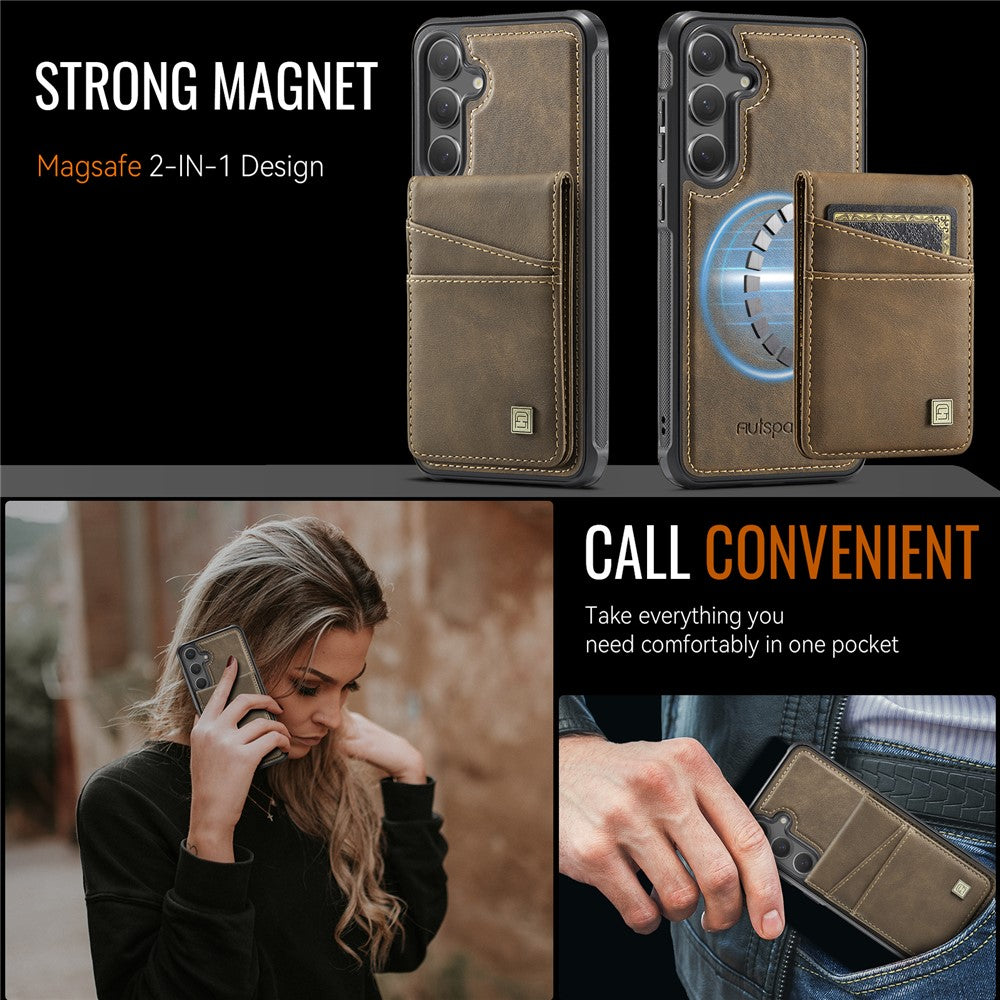 AUTSPACE For Samsung Galaxy S25 / Galaxy S24 Case  A12 Leather Back Cover with Magnetic Detachable Card Bag Kickstand