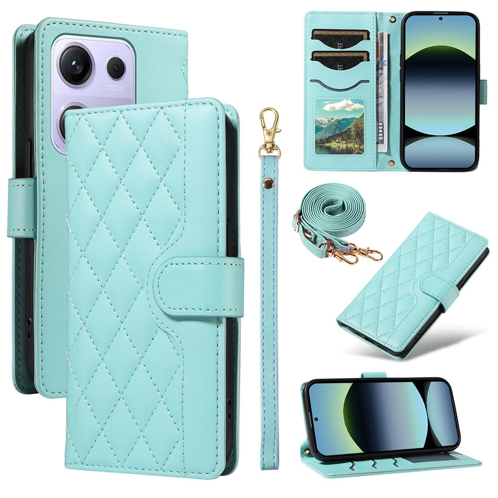 For Xiaomi Redmi Note 14S 4G / Xiaomi Poco M6 Pro 4G / Xiaomi Redmi Note 13 Pro 4G Wallet Case Rhombus Leather Phone Cover with Strap