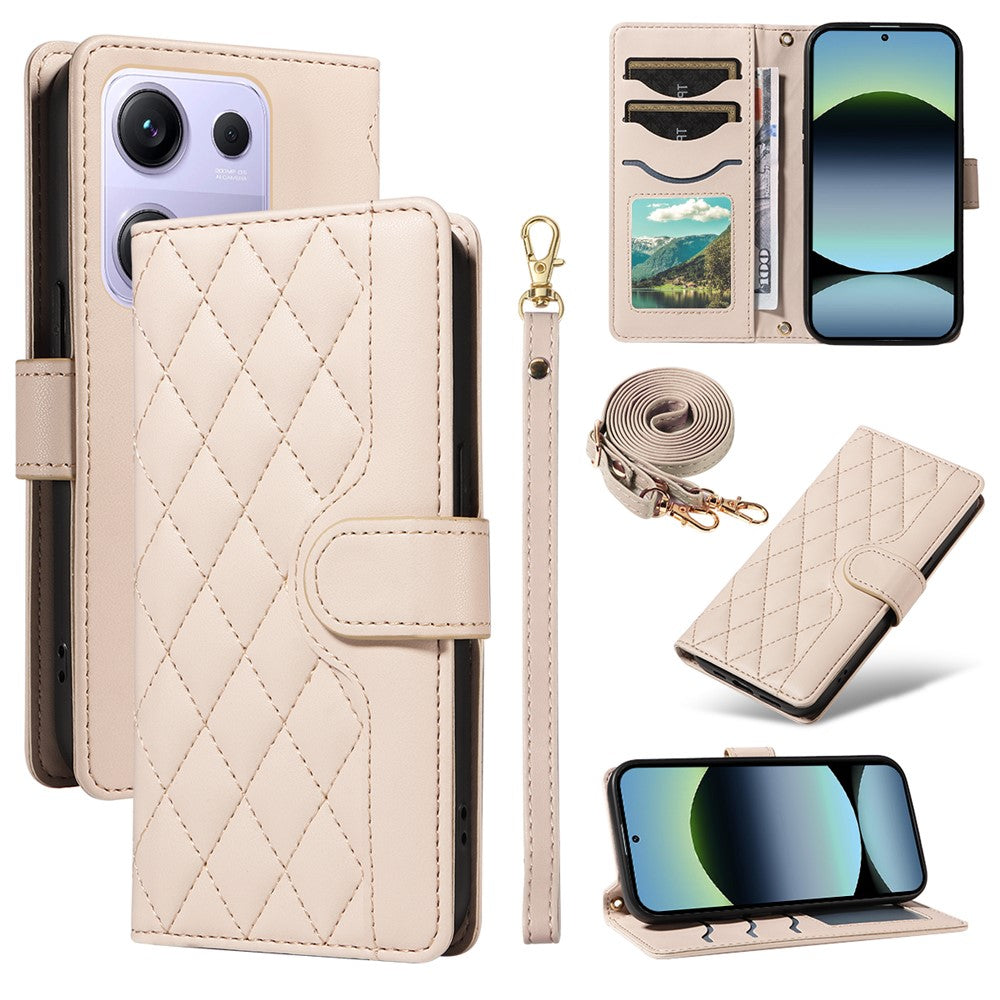 For Xiaomi Redmi Note 14S 4G / Xiaomi Poco M6 Pro 4G / Xiaomi Redmi Note 13 Pro 4G Wallet Case Rhombus Leather Phone Cover with Strap