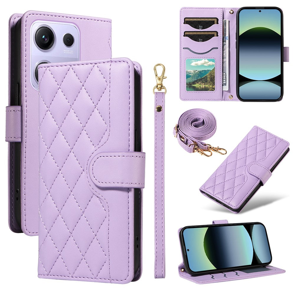 For Xiaomi Redmi Note 14S 4G / Xiaomi Poco M6 Pro 4G / Xiaomi Redmi Note 13 Pro 4G Wallet Case Rhombus Leather Phone Cover with Strap