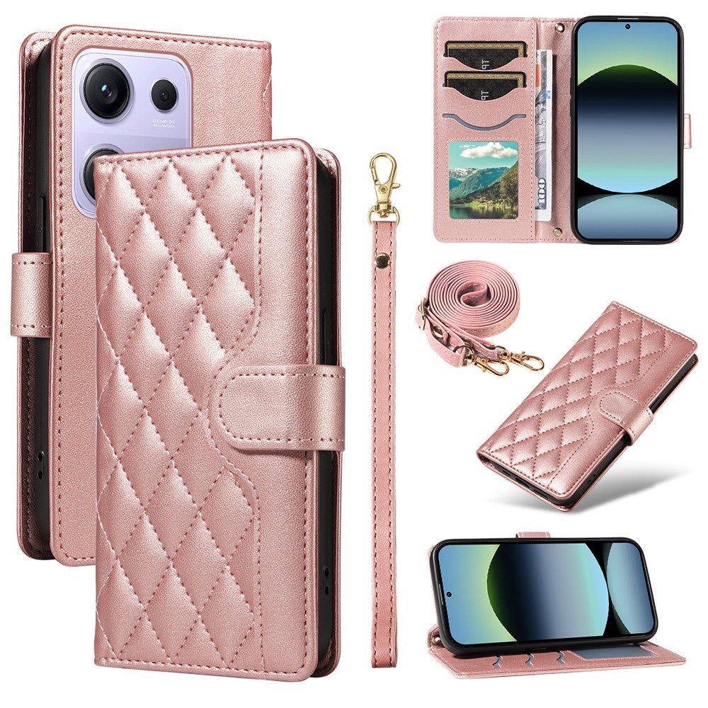 For Xiaomi Redmi Note 14S 4G / Xiaomi Poco M6 Pro 4G / Xiaomi Redmi Note 13 Pro 4G Wallet Case Rhombus Leather Phone Cover with Strap