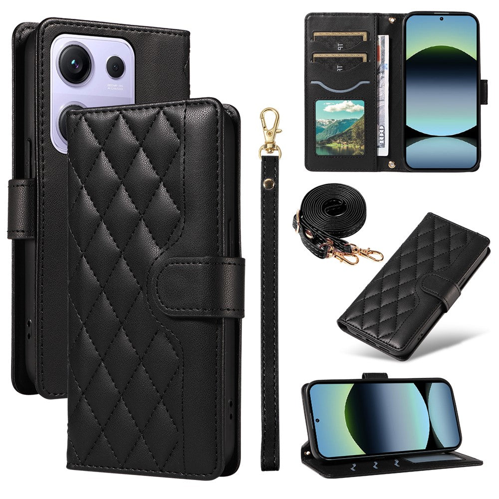 For Xiaomi Redmi Note 14S 4G / Xiaomi Poco M6 Pro 4G / Xiaomi Redmi Note 13 Pro 4G Wallet Case Rhombus Leather Phone Cover with Strap