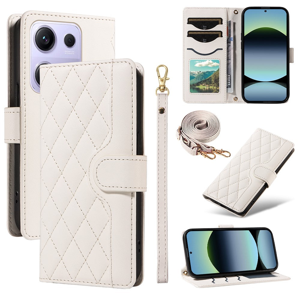 For Xiaomi Redmi Note 14S 4G / Xiaomi Poco M6 Pro 4G / Xiaomi Redmi Note 13 Pro 4G Wallet Case Rhombus Leather Phone Cover with Strap