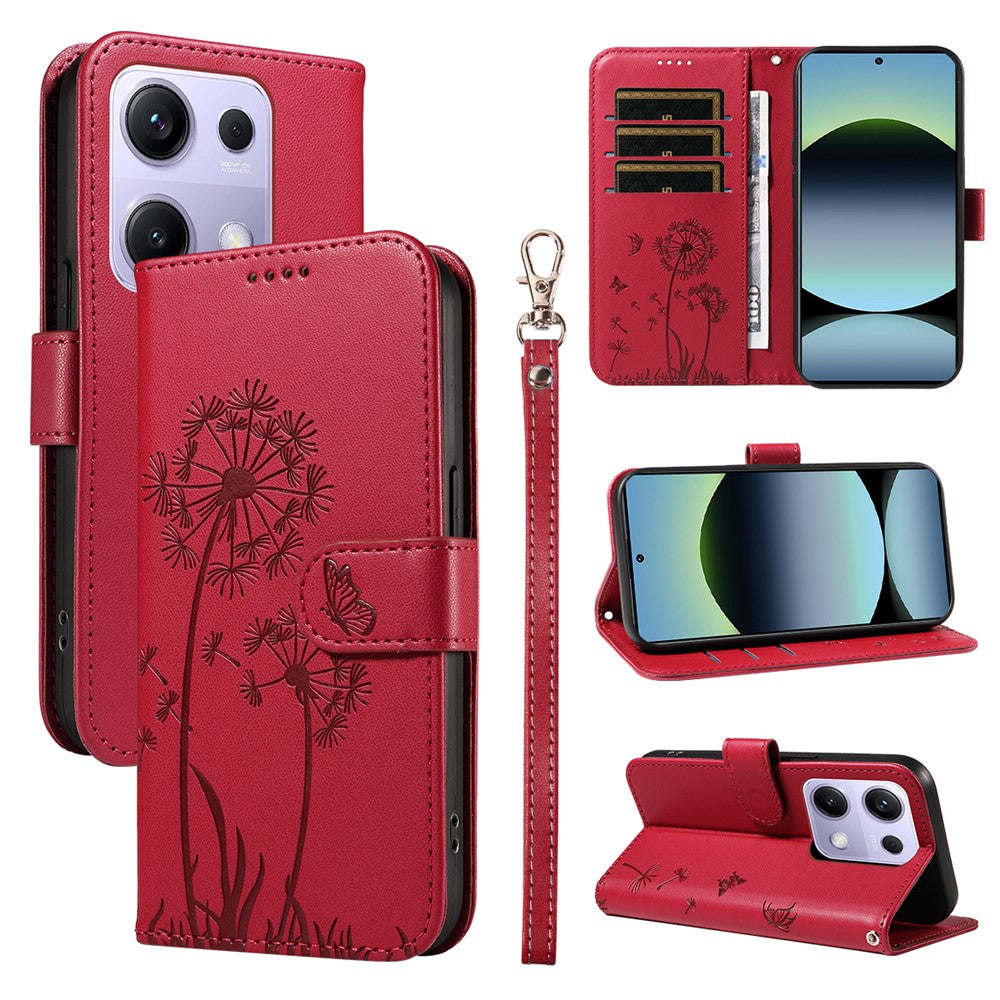 For Xiaomi Poco M6 Pro 4G / Xiaomi Redmi Note 14S 4G / Xiaomi Redmi Note 13 Pro 4G Leather Wallet Case with Strap Dandelion Imprint Phone Stand Cover