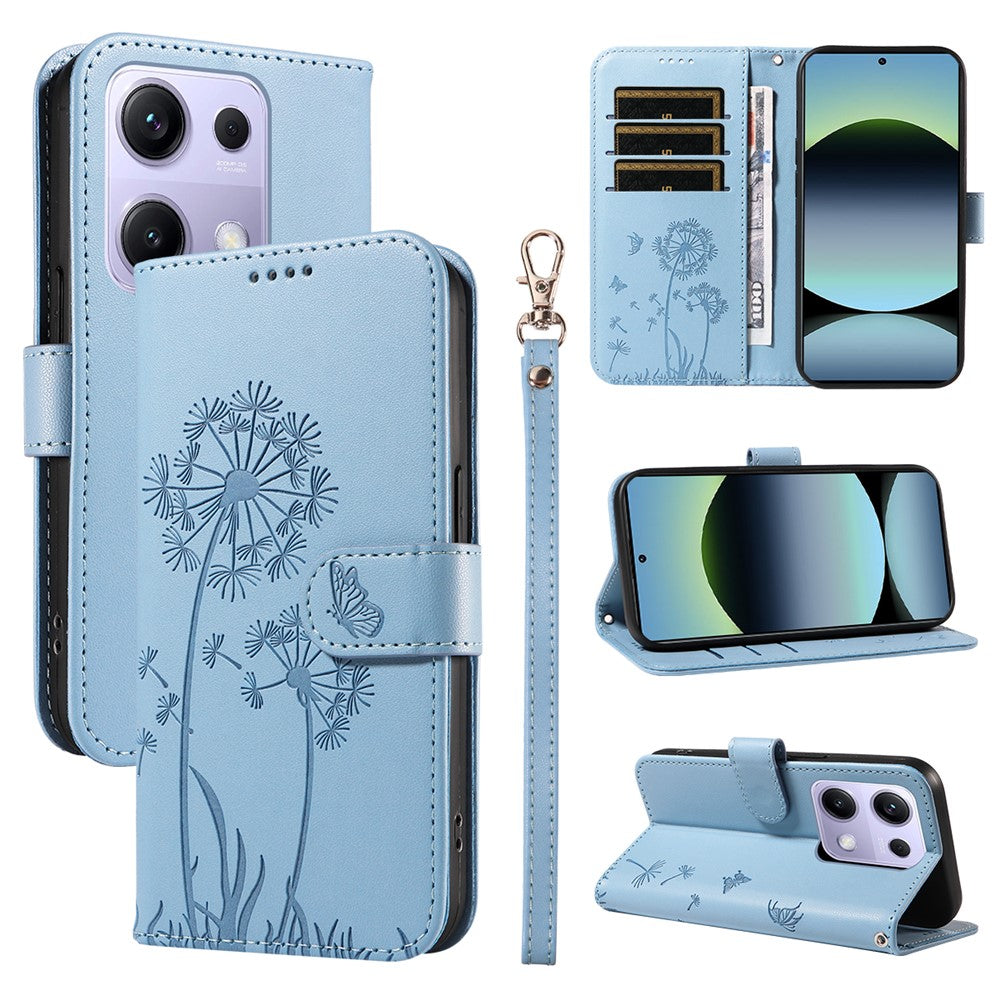 For Xiaomi Poco M6 Pro 4G / Xiaomi Redmi Note 14S 4G / Xiaomi Redmi Note 13 Pro 4G Leather Wallet Case with Strap Dandelion Imprint Phone Stand Cover