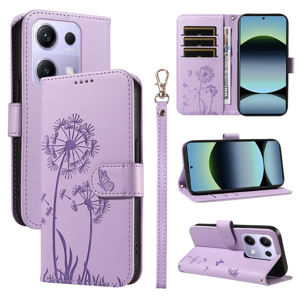 For Xiaomi Poco M6 Pro 4G / Xiaomi Redmi Note 14S 4G / Xiaomi Redmi Note 13 Pro 4G Leather Wallet Case with Strap Dandelion Imprint Phone Stand Cover