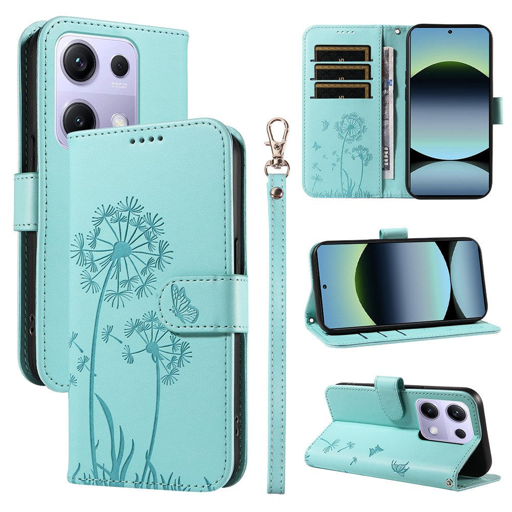 For Xiaomi Poco M6 Pro 4G / Xiaomi Redmi Note 14S 4G / Xiaomi Redmi Note 13 Pro 4G Leather Wallet Case with Strap Dandelion Imprint Phone Stand Cover