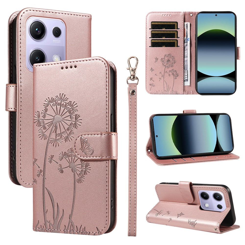 For Xiaomi Poco M6 Pro 4G / Xiaomi Redmi Note 14S 4G / Xiaomi Redmi Note 13 Pro 4G Leather Wallet Case with Strap Dandelion Imprint Phone Stand Cover