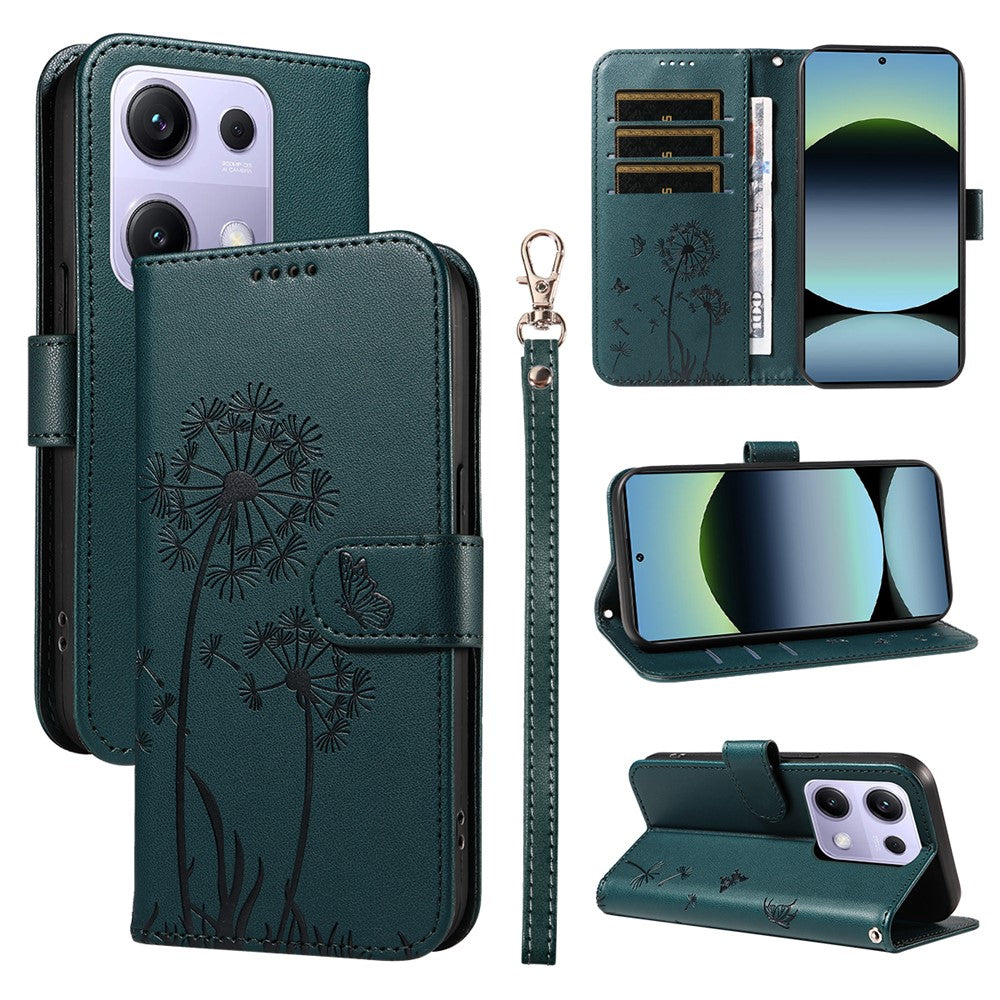 For Xiaomi Poco M6 Pro 4G / Xiaomi Redmi Note 14S 4G / Xiaomi Redmi Note 13 Pro 4G Leather Wallet Case with Strap Dandelion Imprint Phone Stand Cover