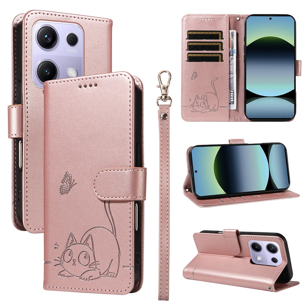 Xiaomi Poco M6 Pro 4G / Xiaomi Redmi Note 14S 4G / Xiaomi Redmi Note 13 Pro 4G-skal, kattmönster, läderfodral med handledsrem