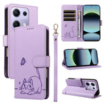 For Xiaomi Poco M6 Pro 4G / Xiaomi Redmi Note 14S 4G / Xiaomi Redmi Note 13 Pro 4G Case Cat Pattern Imprint Leather Phone Cover with Wrist Strap