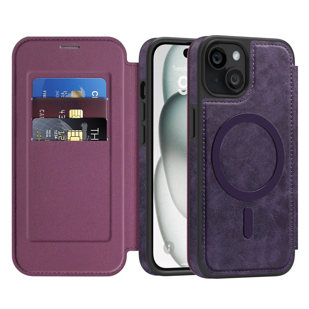 For iPhone 15 Case Compatible with MagSafe RFID Blocking Card Holder Leather Phone Cover