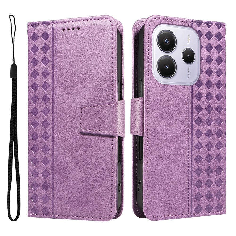 For Xiaomi Redmi Note 14 4G (164.84mm) Leather Case Wallet Stand Grids Imprinted Phone Cover with Strap